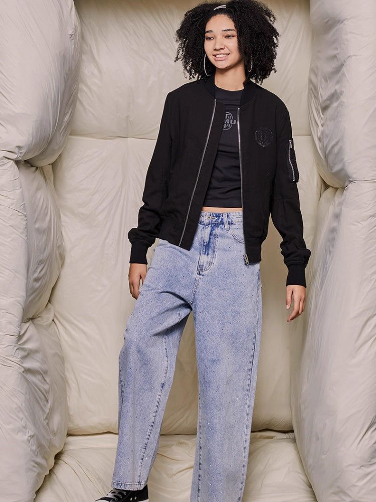 TCH Rhinestone Letter Zip Up Bomber Jacket