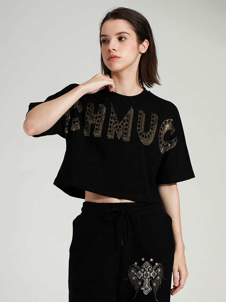 TCH Letter Print Rhinestone Cropped Top in Black
