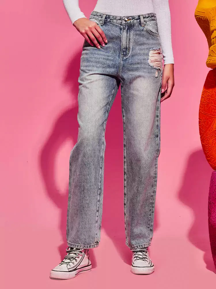 TCH Mid-Rise Rhinestone Straight Denim Jean