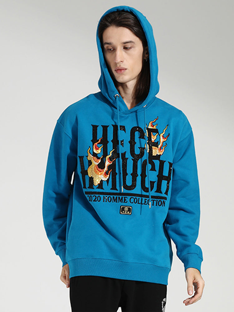 TCH Unisex Fire Letter Rhinestone Graphic Hoodie in Blue