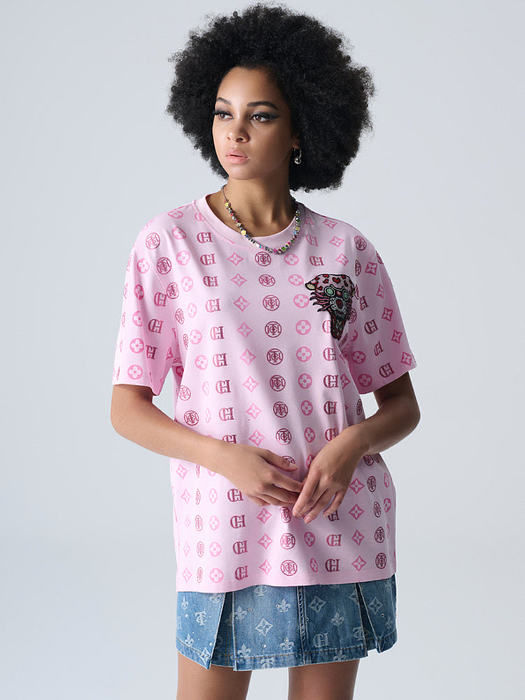 TCH Allover Print Rhinestone Ruched Denim Mini Skirt