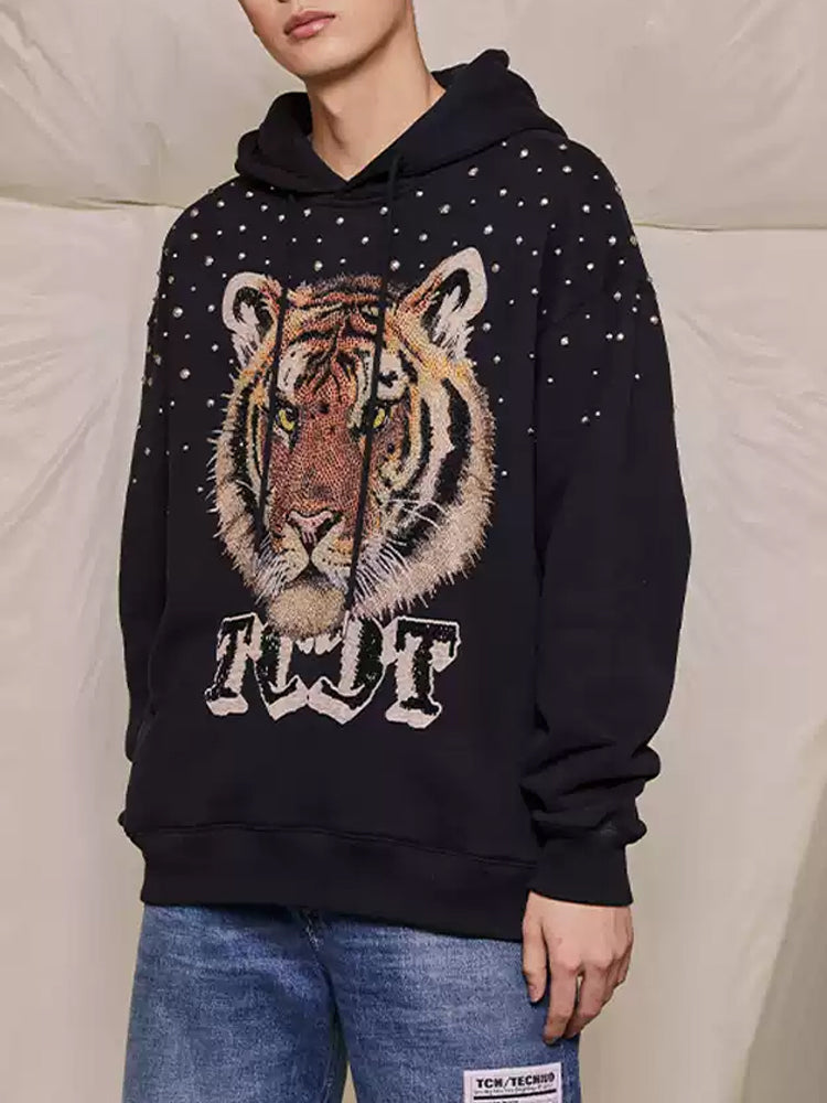 TCH Crystal-Embellished Tiger Print Oversized Black Hoodie