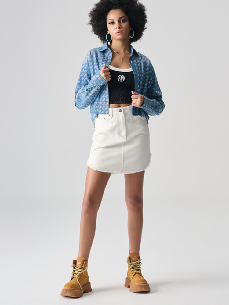 TCH Allover Logo Jacquard Rhinestone Denim Cropped Jacket