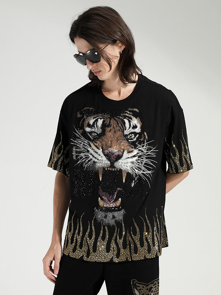 TCH Rhinestone Flaming Tiger Print T-shirt