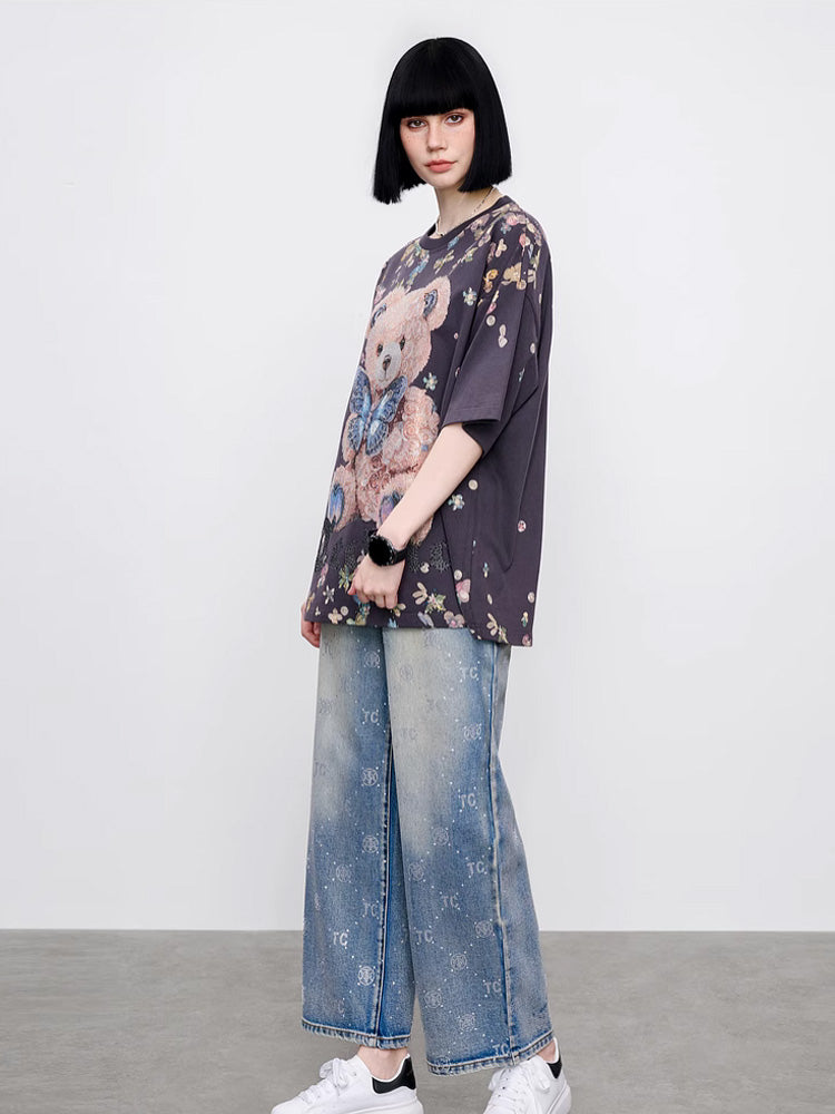 TCH Rhinestone Teddy Bear Flower Oversized T-Shirt