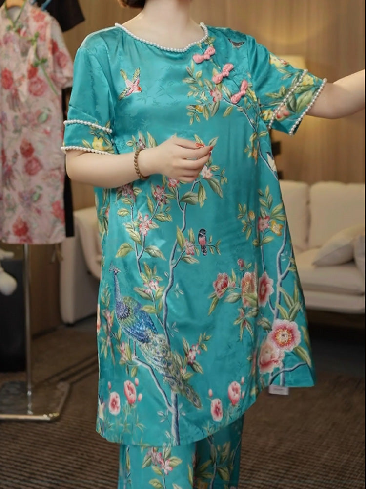 TCH Floral Pearl-Embellished Satin Vintage Dress