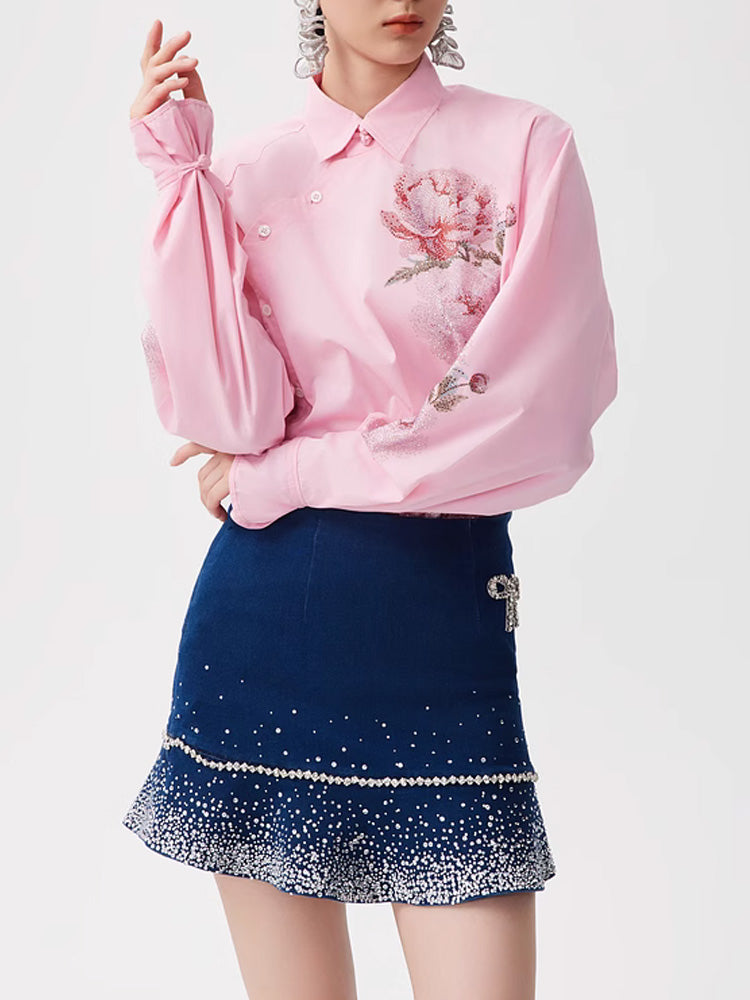 TCH Flower Rhinestone Button Down Asymmetry Shirt