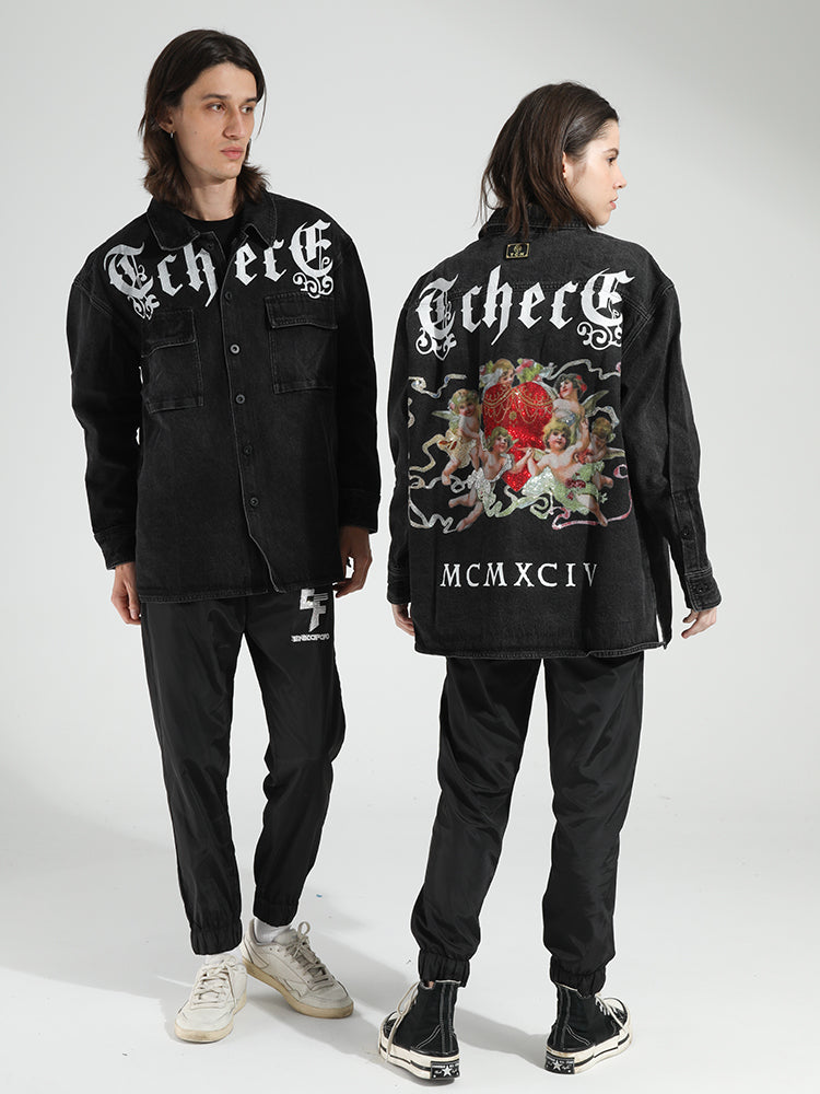 TCH Rhinestones Print Long Sleeve Denim Jacket