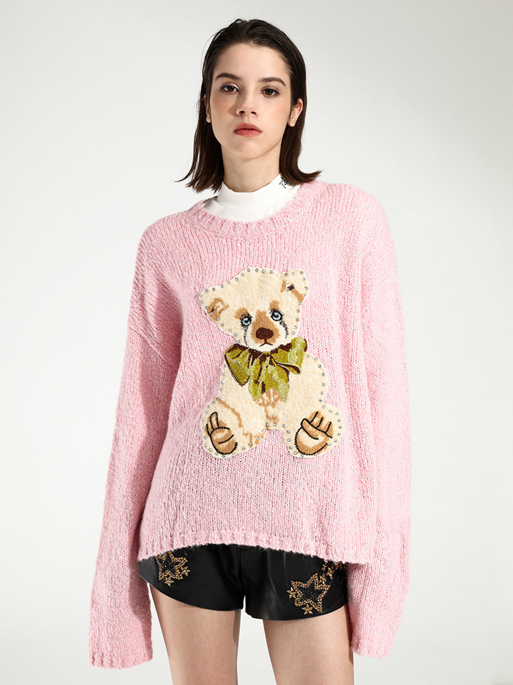 TCH Women's Knit Tie Bear Rhinestone Pink Sweater