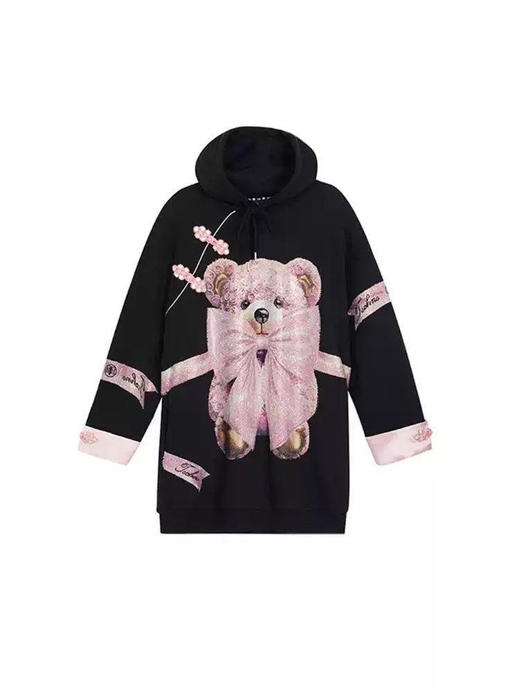 TCH Bow Bear Shiny Rhinestone Fleece Hooded Mini Dress