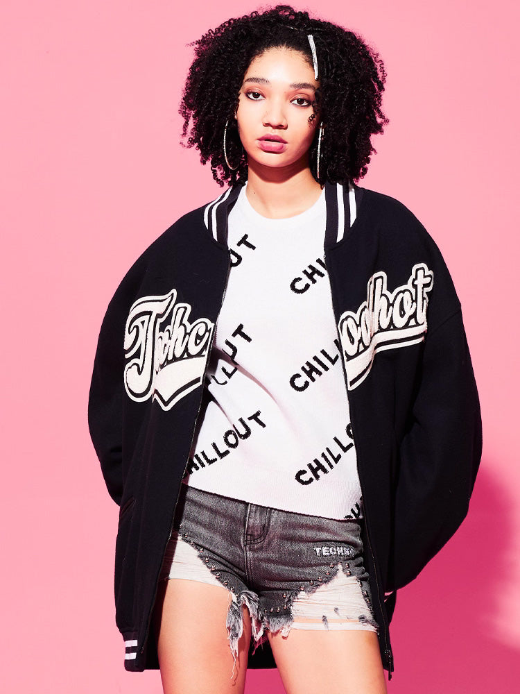 TCH Rhinestone Monogram Print Zip School Jacket