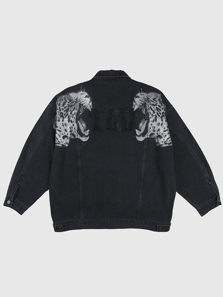 TCH Washed Rhinestone Leopard Denim Jacket