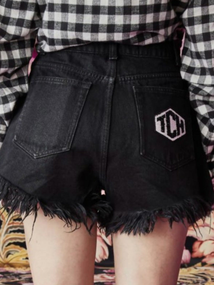 TCH Rhinestone Letter Print Denim Mini Shorts