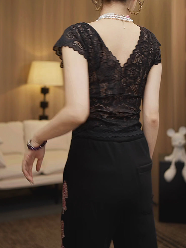 TCH Rhinestone Bow Floral Lace Sexy Top