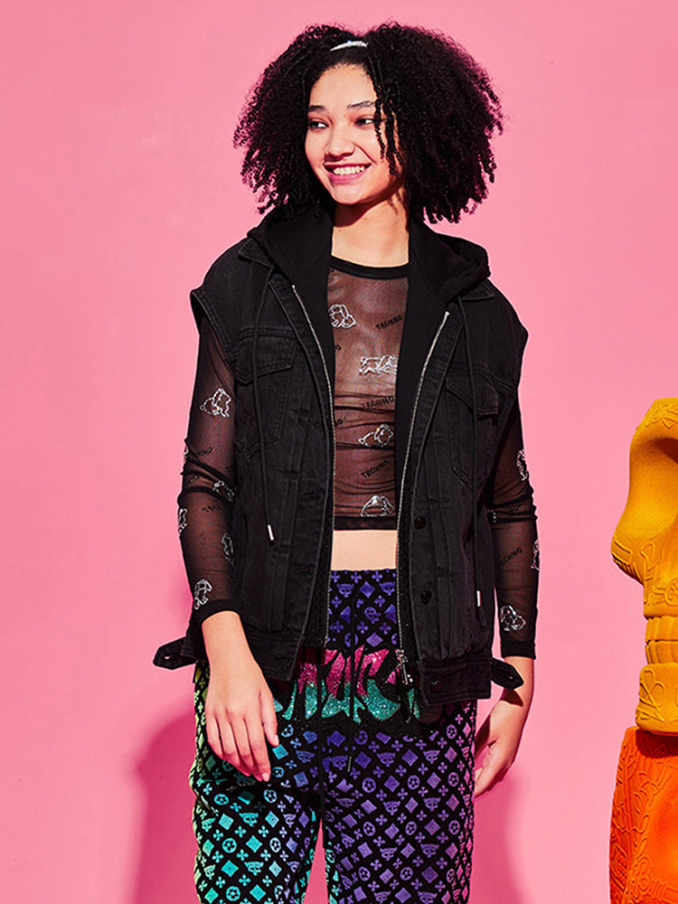 TCH Rhinestone Hooded Denim Vest Jacket