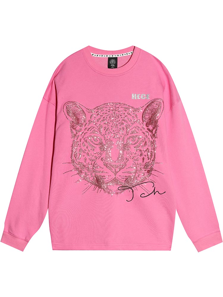 TCH Embroidered Leopard Head Rhinestone Crewneck Top