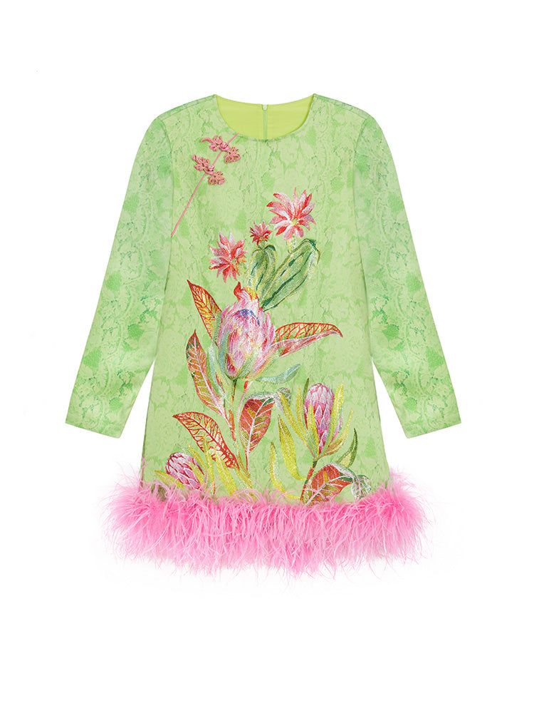 TCH Rhinestone Jacquard Floral Feather Trim Mini Dress