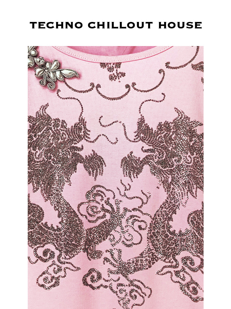 TCH Crystal Embroidery Short Sleeve T-Shirt Dress in Pink