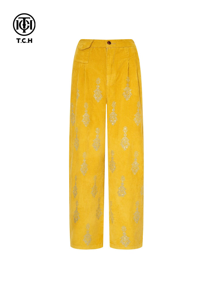 TCH Striple Rhinestone Patterned Velvet Long Pants