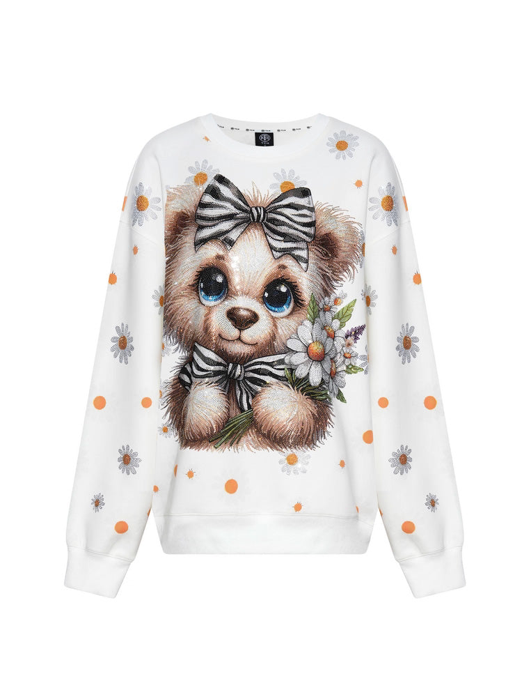 TCH Oversized Teddy Bear Rhinestone Flower Sweatshirt
