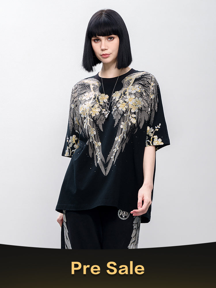 TCH Pre-sale Sparkling Rhinestone Wings&Flower Print T-Shirt