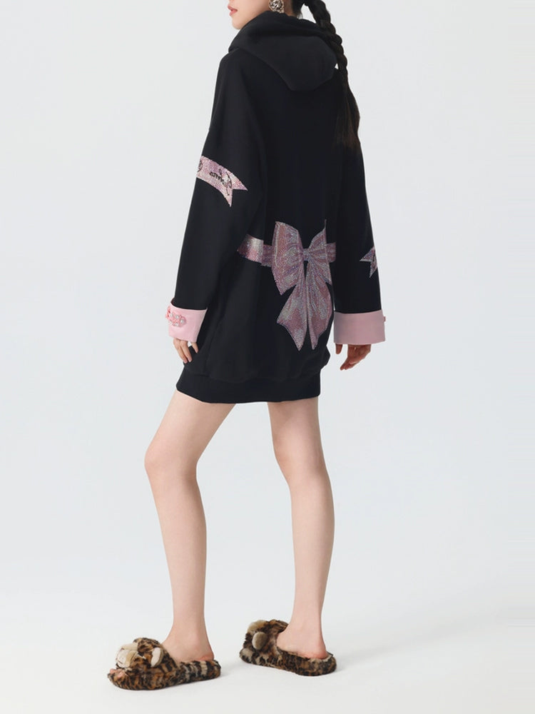 TCH Bow Bear Shiny Rhinestone Fleece Hooded Mini Dress