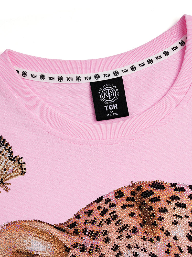 TCH Luxury Rhinestone Leopard Sparkle Flower Short Sleeve Top / Hoodie