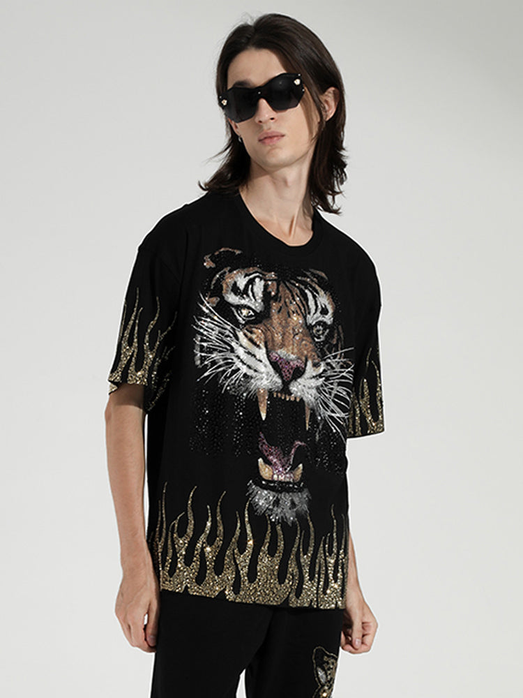 TCH Rhinestone Flaming Tiger Print T-shirt