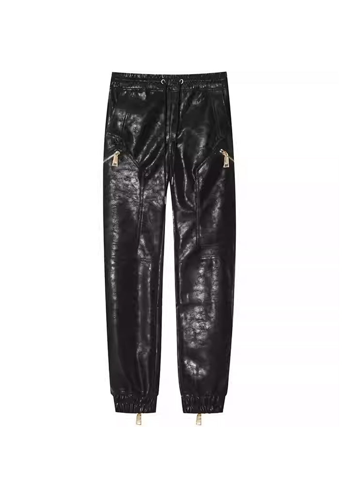 TCH Letter Print Rhinestone Joggers Leather Pants