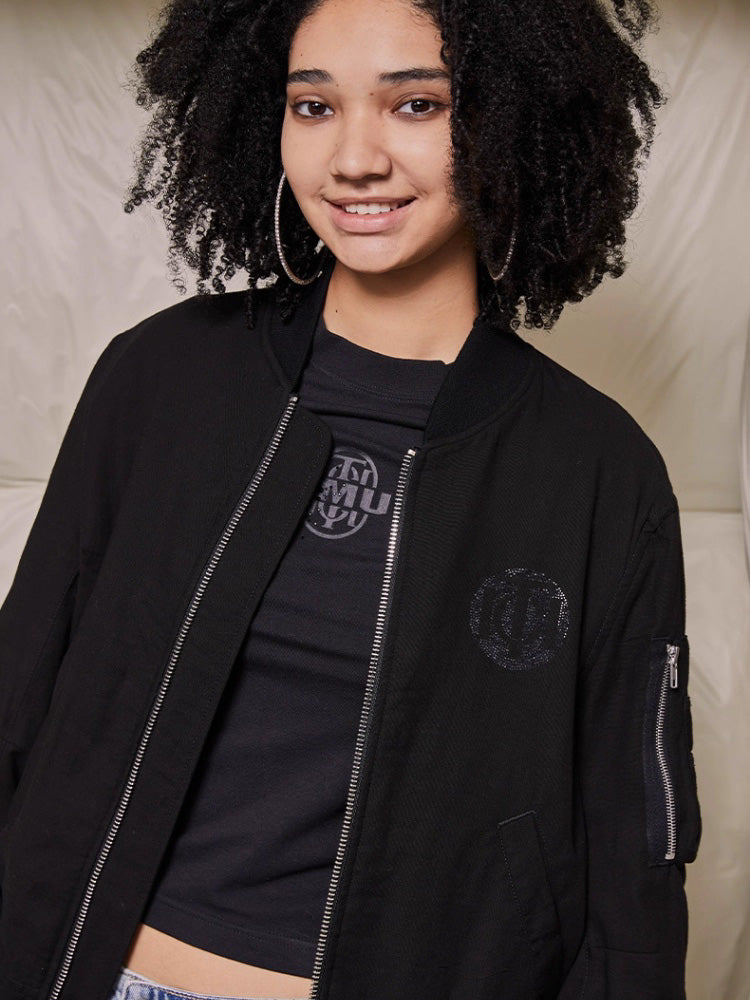 TCH Rhinestone Letter Zip Up Bomber Jacket