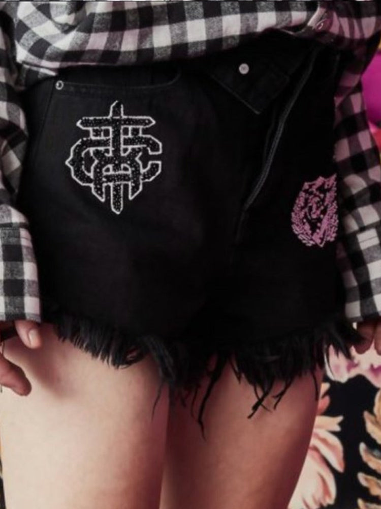 TCH Rhinestone Letter Print Denim Mini Shorts