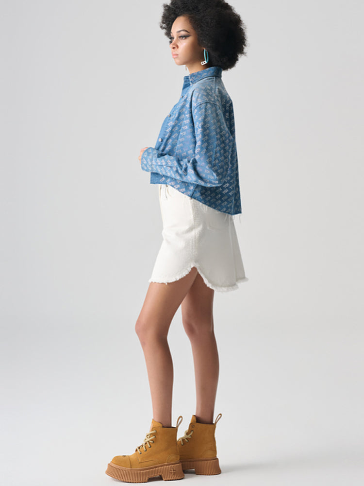 TCH Allover Logo Jacquard Rhinestone Denim Cropped Jacket