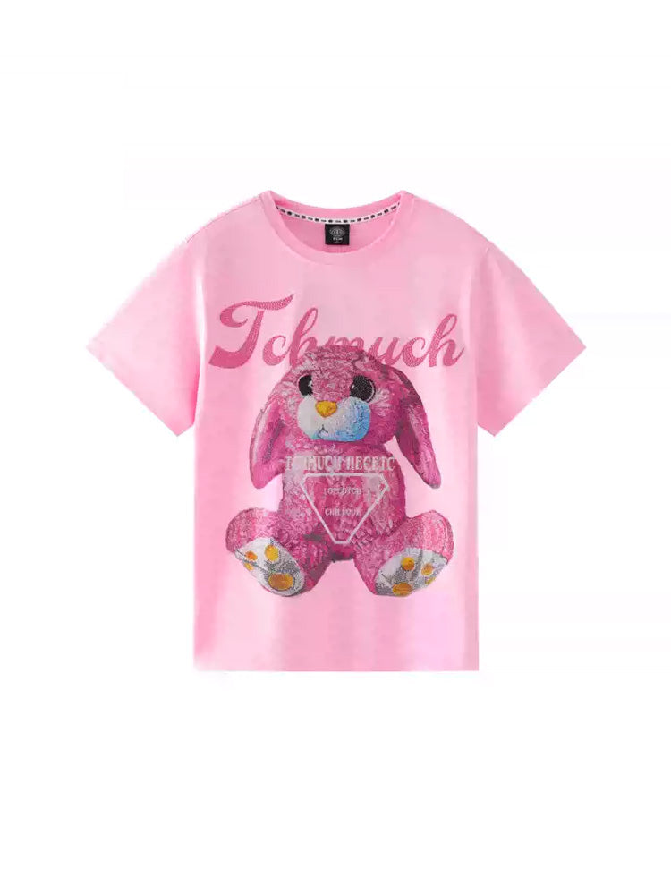 TCH Luxury Rhinestone Bunny Shiny T-Shirt in Pink