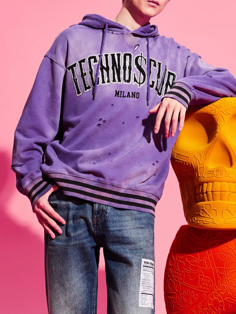 TCH Rhinestone Letter Print Destroyed Hoodie