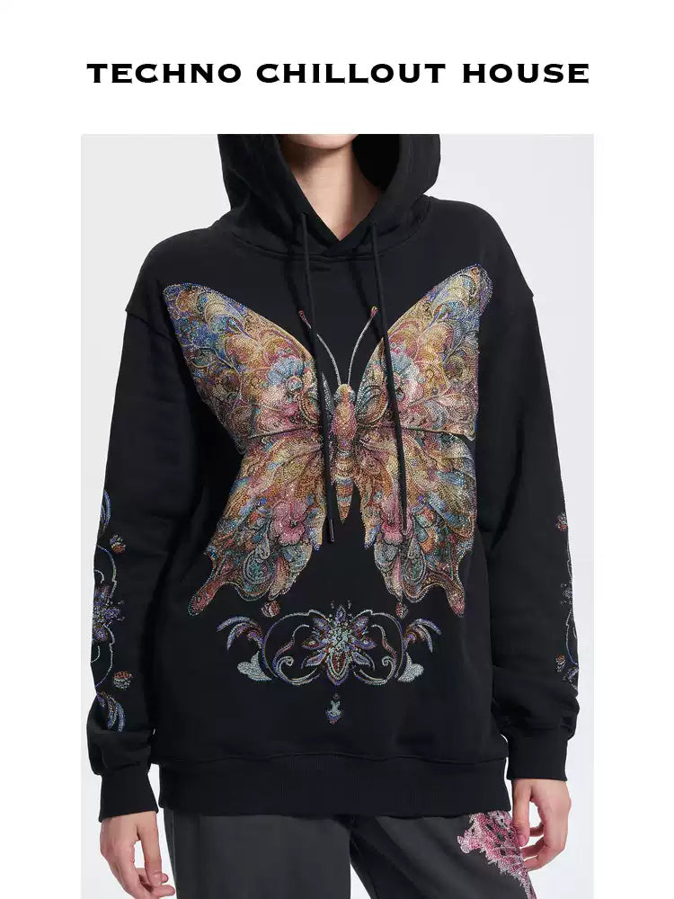 TCH Colorful Rhinestone Butterfly Oversized Black Hoodie