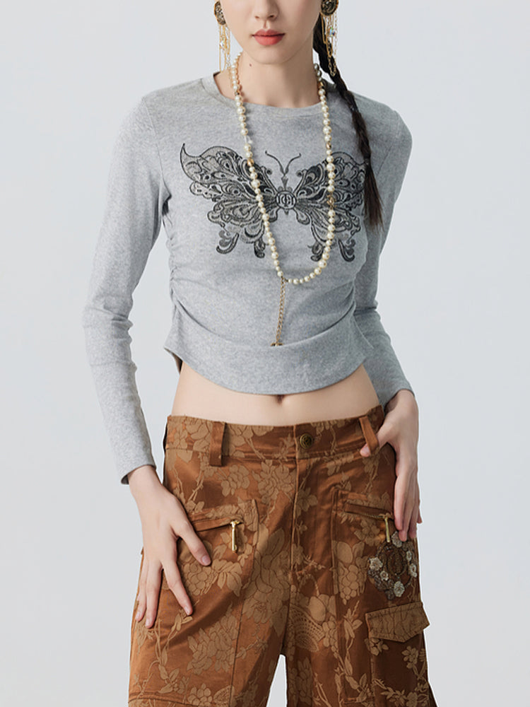 TCH Rhinestone Butterfly Drawstring Waist Crop Top