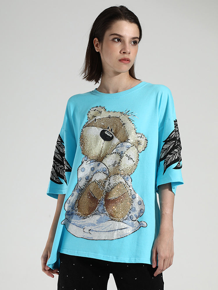 TCH Oversized Bear Rhinestone Wings Sleeve T-shirt