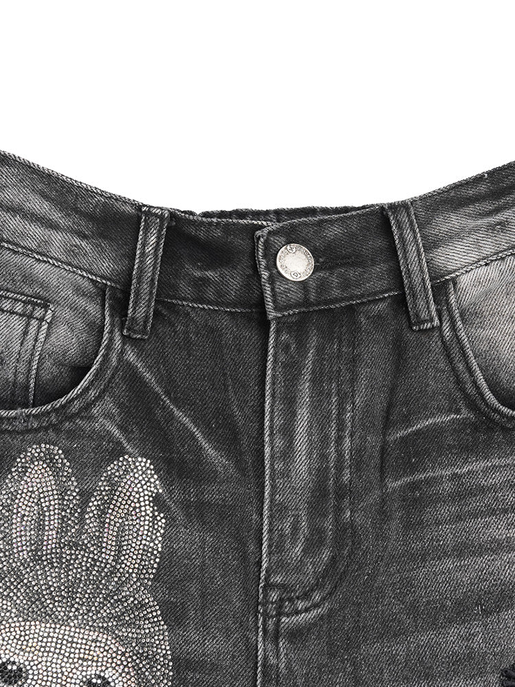 TCH LABUBU Print Rhinestone Wide Leg Jeans
