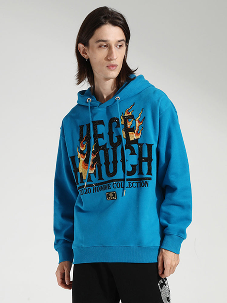 TCH Unisex Fire Letter Rhinestone Graphic Hoodie in Blue