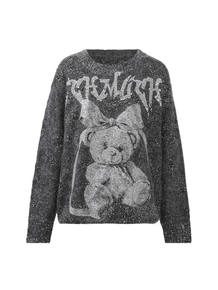 TCH Rhinestone Teddy Bear Ribbed Sweater