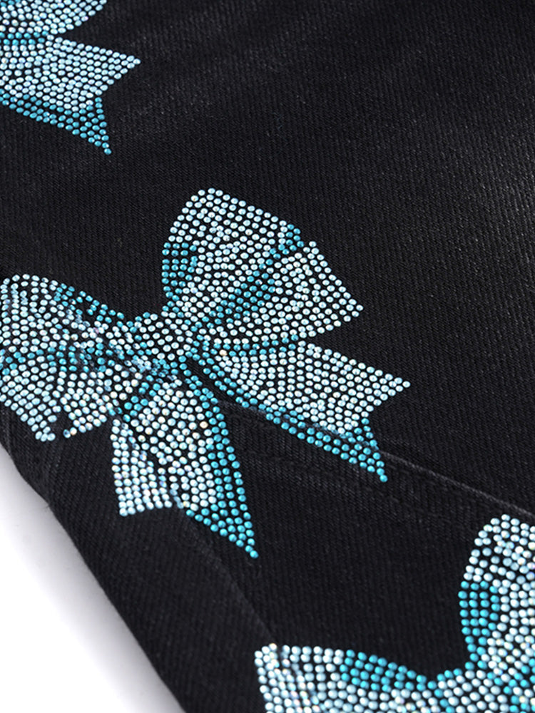 TCH Bow Print Rhinestone Wide Leg Jeans