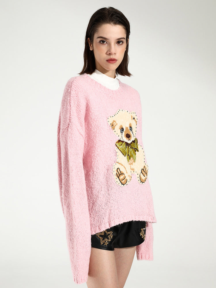 TCH Women's Knit Tie Bear Rhinestone Pink Sweater