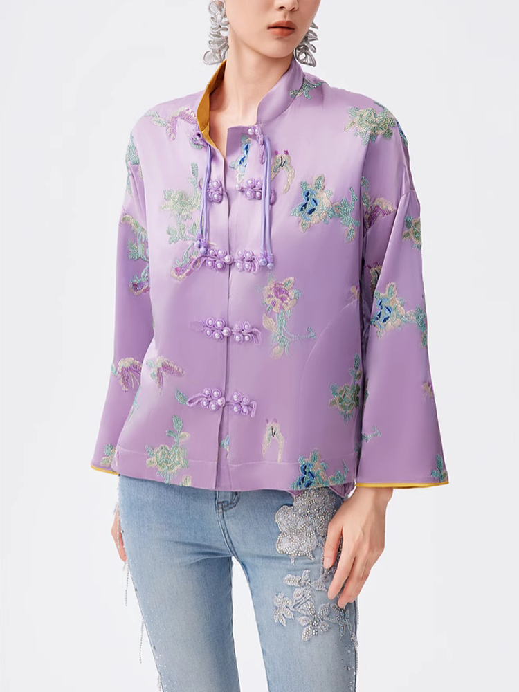 TCH Embroidery Rhinestone Vintage Satin Top