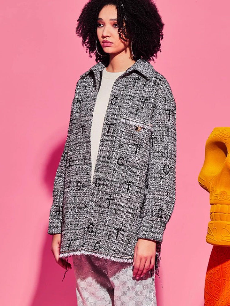 TCH Rhinestone Logo Print Tweed Overshirt Jacket