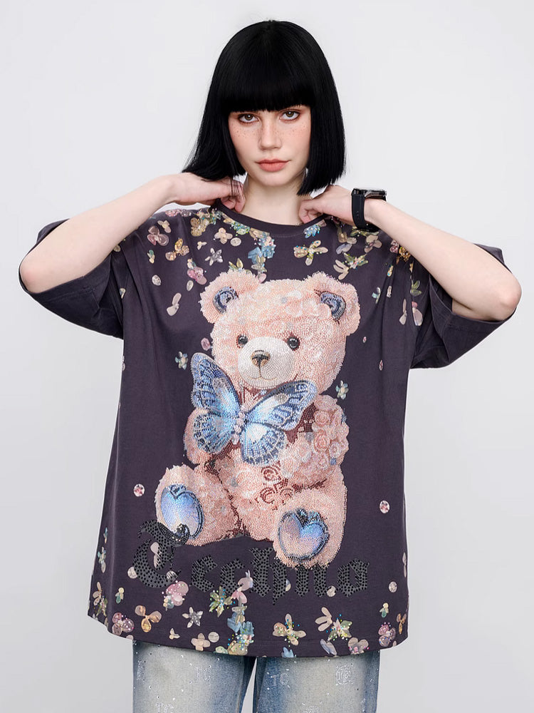 TCH Rhinestone Teddy Bear Flower Oversized T-Shirt