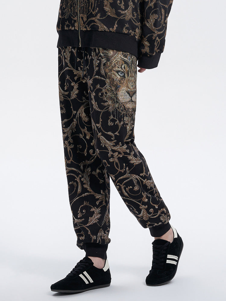 TCH Allover Leopard Print Rhinestone Zip Up Hoodie Set 2 Piece Suit