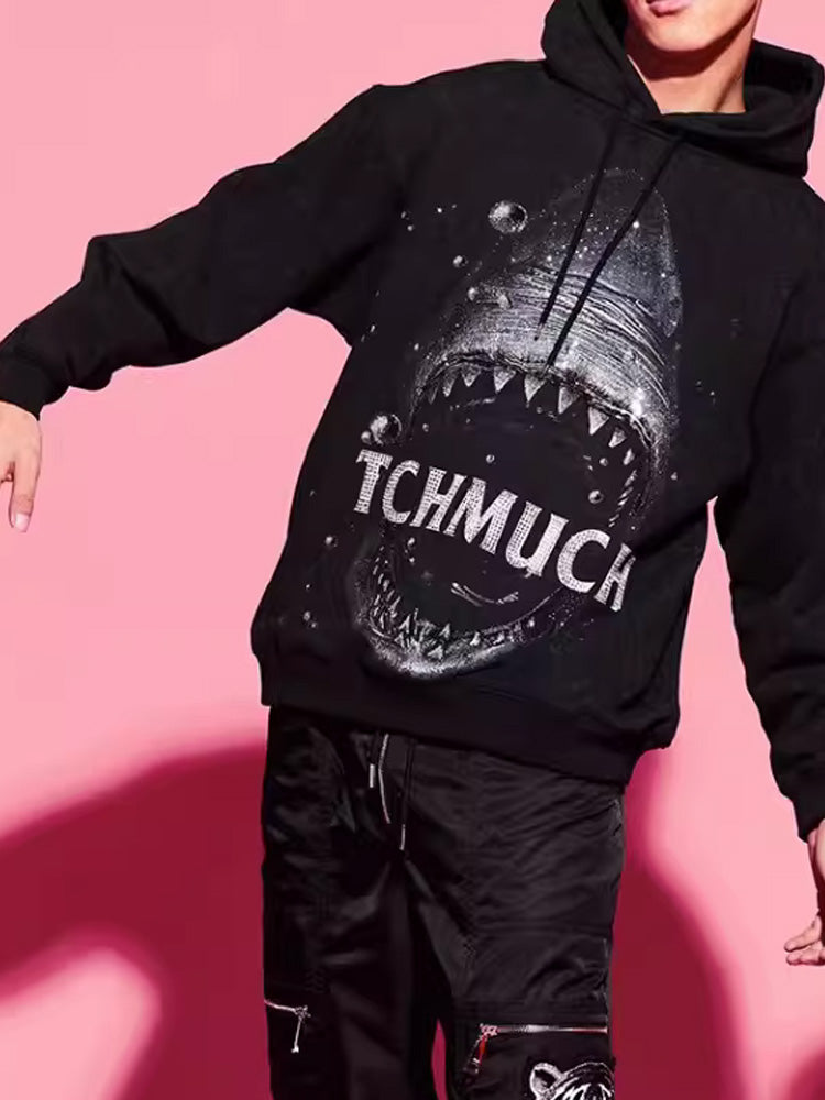 TCH Rhinestone Shark Print Black Hoodie