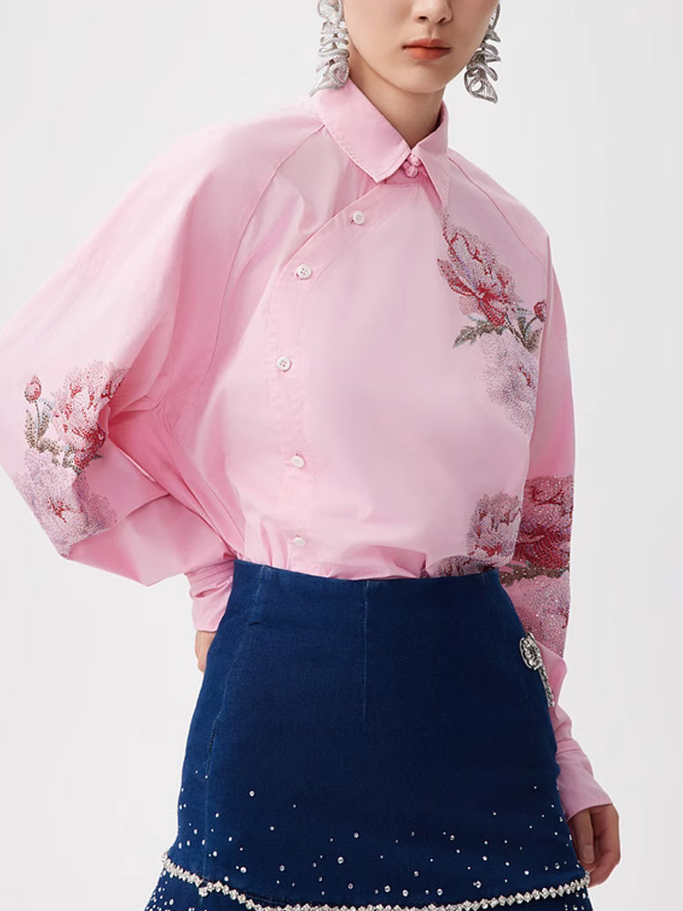 TCH Flower Rhinestone Button Down Asymmetry Shirt