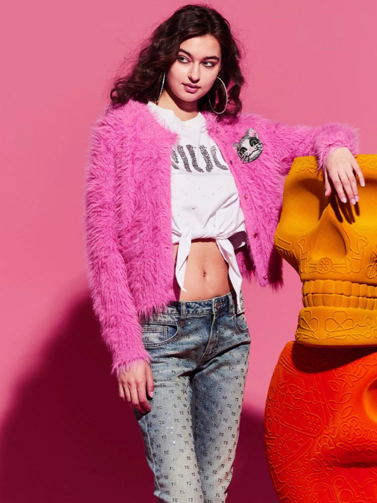 TCH Graphic Rhinestone Brushed Wool Knit Cardigan