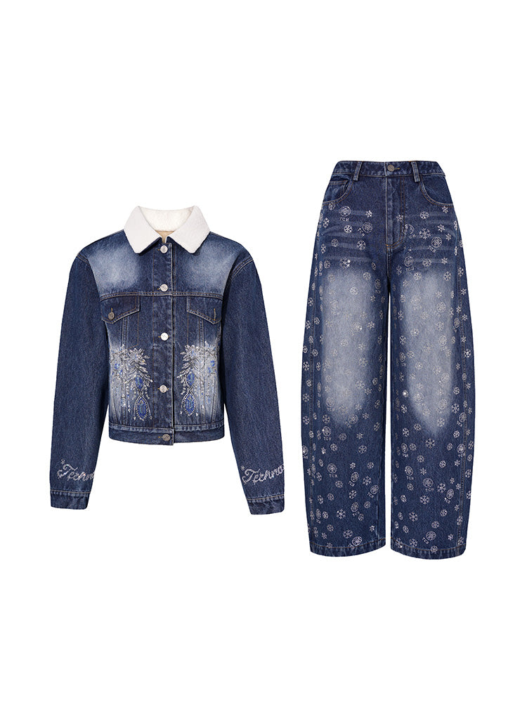 TCH Rhinestone Shearling Collar Denim Two-Piece Set